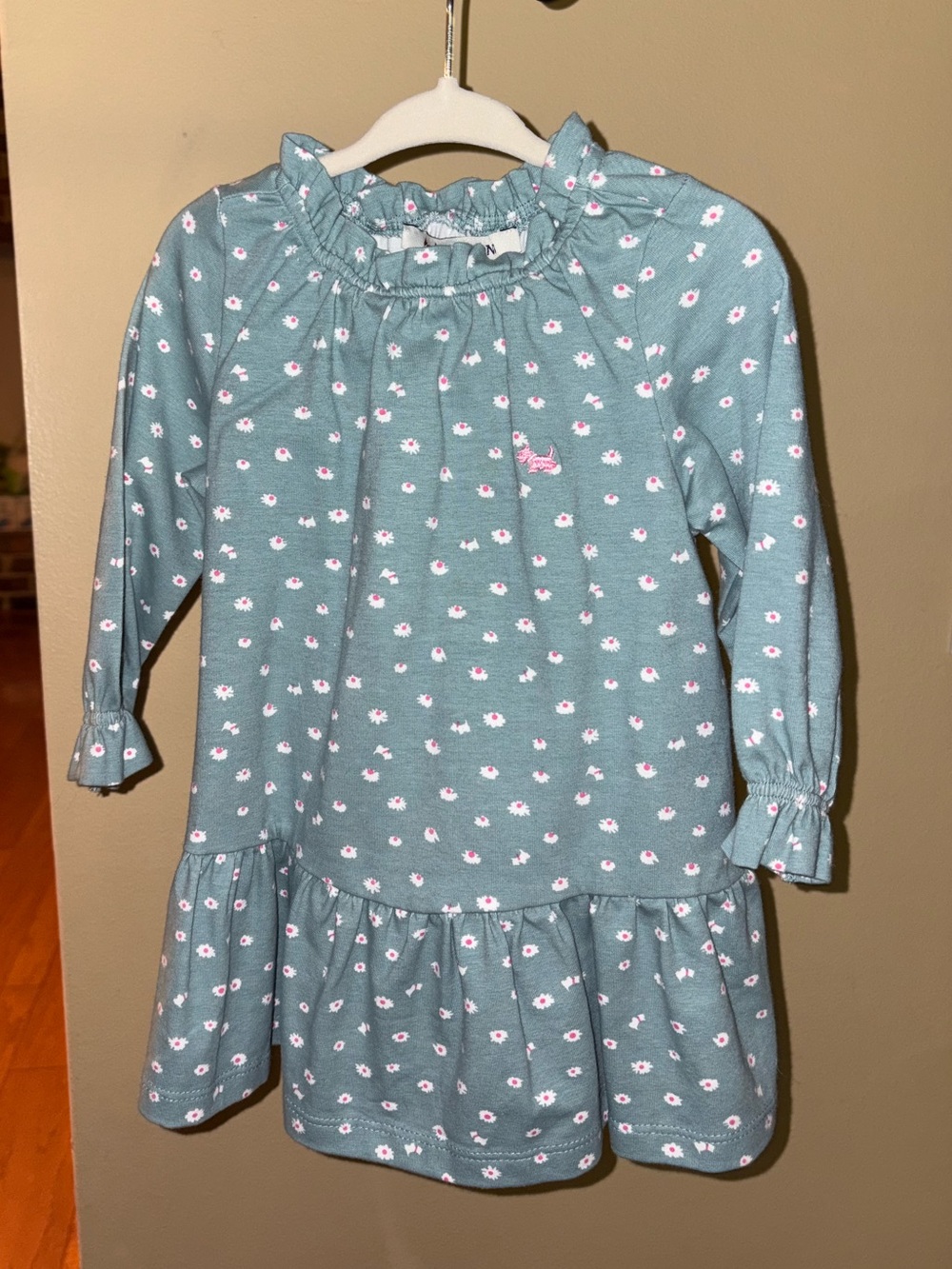 Ferrioni Blue Floral Ruffle Neck Long-Sleeve Girls Dress 18mo